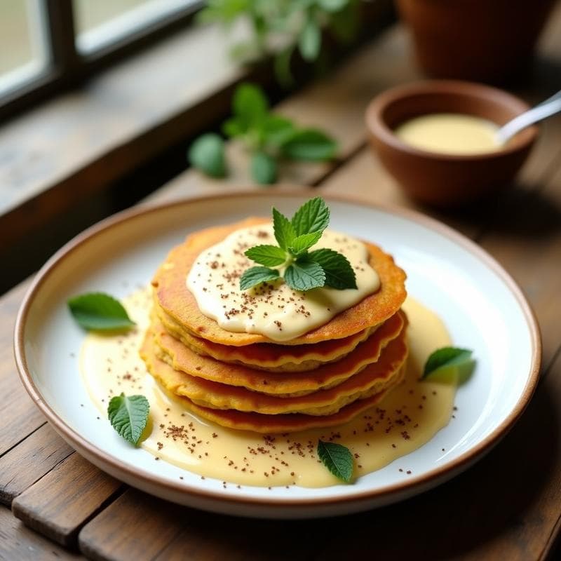 Plato de panqueques dorados de harina de teff y cúrcuma apilados, servidos con salsa cremosa de yogur de soja, decorados con hojas de menta fresca y un toque de comino. Desayuno etíope vegano y sin gluten en un fondo rústico de madera.