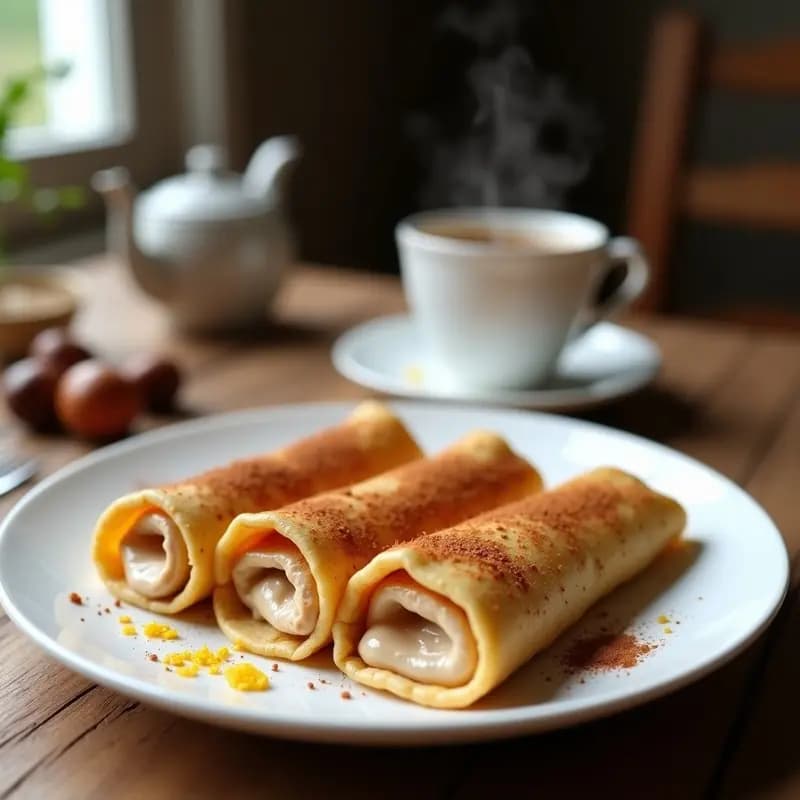 Plato blanco con panqueques dorados de trigo sarraceno enrollados, rellenos de crema de castañas espesa, espolvoreados con canela y ralladura de naranja, sobre fondo rústico de madera con taza de té.