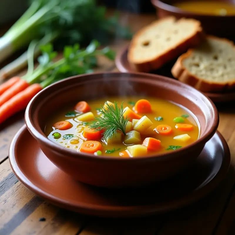 Cuenco de barro humeante con Panská Polévka, sopa checa de pan y vegetales, con trozos de pan tostado, zanahoria, puerro y apio en un caldo dorado. Decorada con perejil fresco y un hilo de aceite de oliva, sobre una mesa de madera rústica.