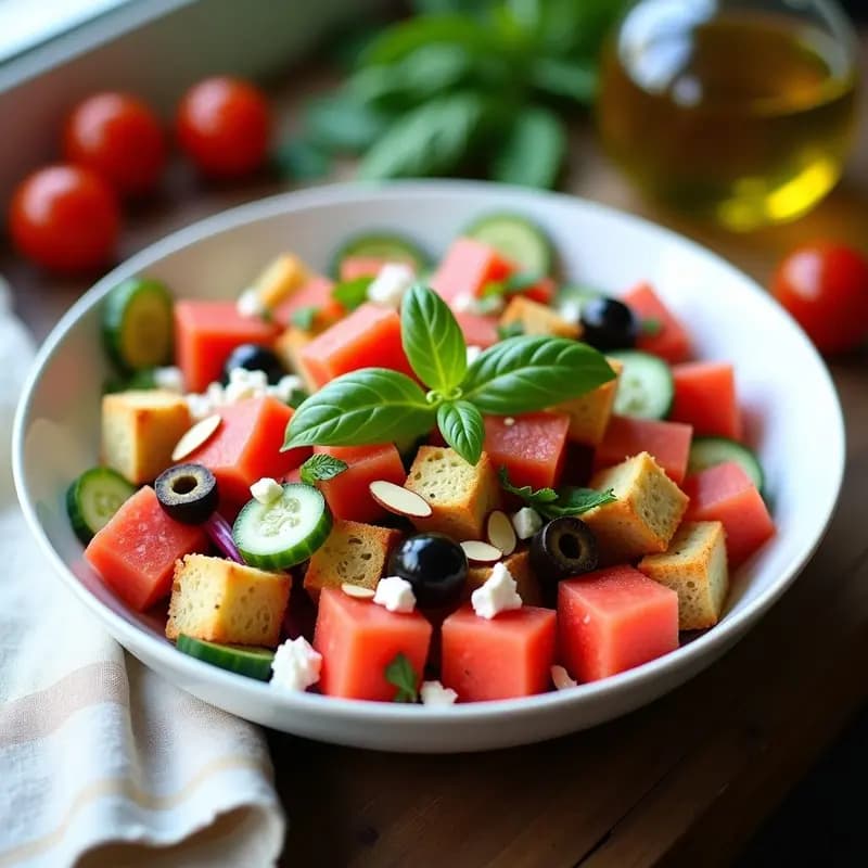 Plato hondo de cerámica blanca con Panzanella de Sandía y Queso Feta Vegano: cubos de sandía roja, pan tostado sin gluten, queso feta vegano desmenuzado, tomates cherry, pepino y almendras fileteadas, bañados en vinagreta de albahaca. Decorado con hojas de albahaca fresca y rúcula baby.
