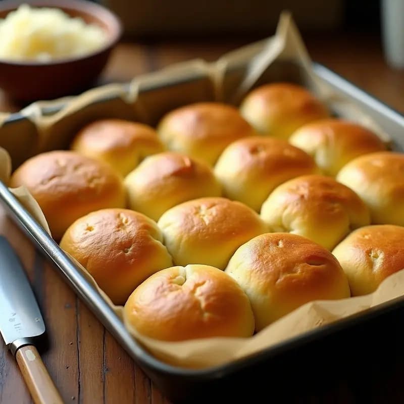 Bandeja de pao de queijo brasileño dorados con queso parmesano, textura esponjosa y corteza crujiente, servidos en papel de hornear rústico.