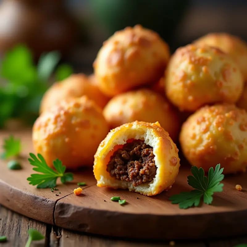 Bandeja de horno con Pão de Queijo Brasilero dorado y crujiente, relleno de carne seca jugosa, servido sobre papel de horno rústico con hierbas frescas de decoración.