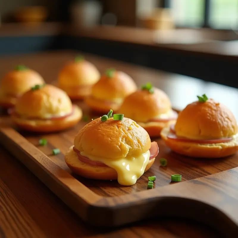 Pão de Queijo Relleno de Catupiry y Jamón York en versión mega, dorados y esponjosos, con el queso fundido asomando por la corteza crujiente, servidos en una bandeja de madera con cebollino fresco espolvoreado.