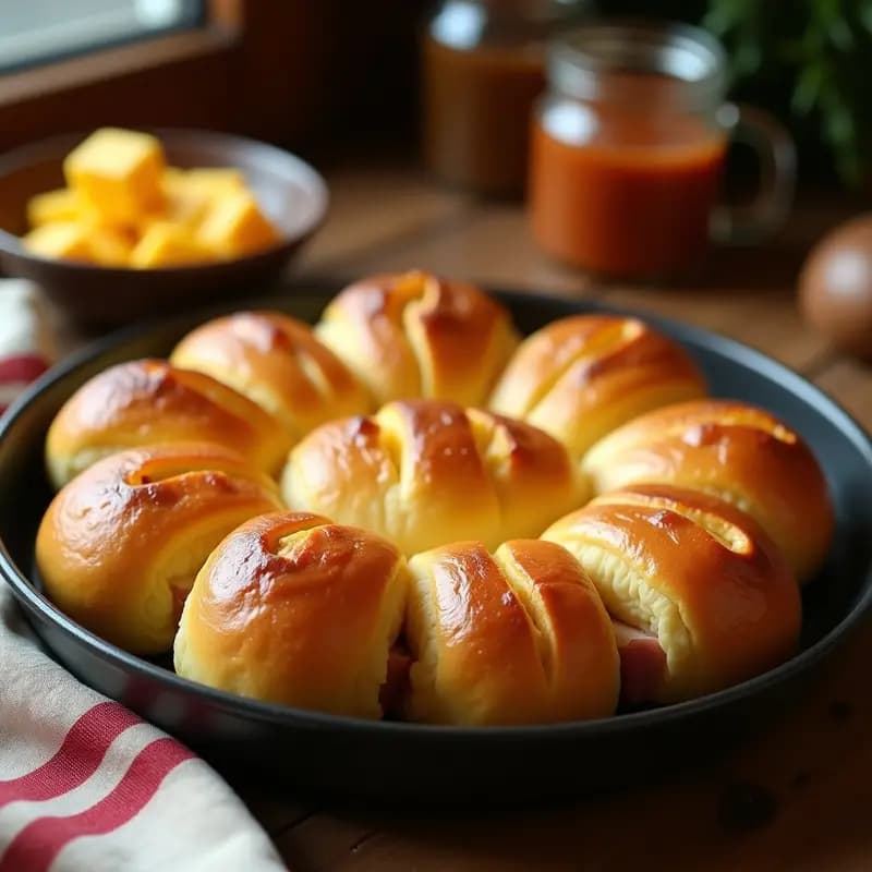 Bandeja de pao de queijo dorados con queso cheddar fundido y trocitos de jamón serrano, panecillos brasileños sin gluten para desayunar, textura esponjosa y costra crujiente.