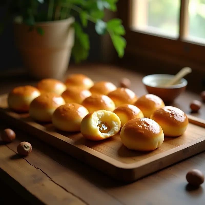 Bandeja de madera con Pão de Queijo dorados y esponjosos, rellenos de queso de castaña, con textura crujiente por fuera y húmeda por dentro. Receta brasileña sin gluten y sin lactosa.