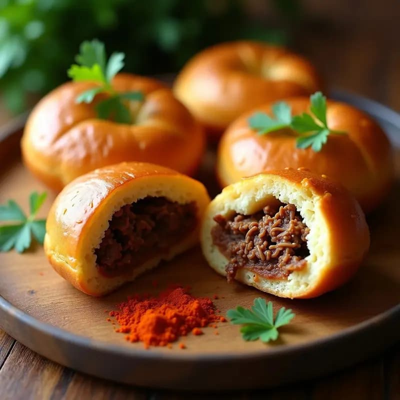 Pao de queijo dorados y esponjosos rellenos de carne seca brasileña desmenuzada, servidos en una bandeja de madera rústica con hierbas frescas y salsa de yogur al lado. Receta gourmet de pao de queijo relleno de carne seca.