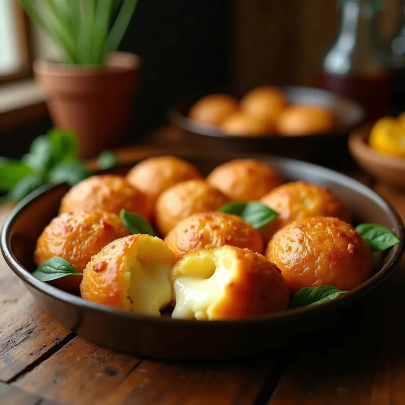 Bandeja de horno con pão de queijo relleno de Catupiry, dorados y esponjosos, con el queso fundido asomando por el corte. Receta brasileña sin gluten de pan de yuca al horno.