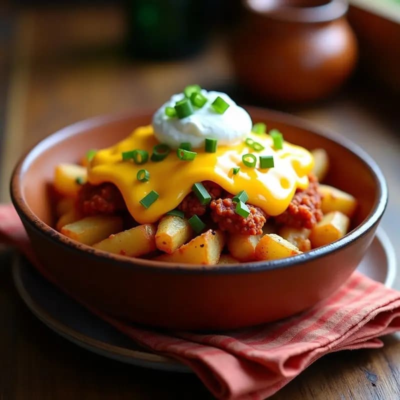 Plato hondo de barro con papa a la francesa dorada y crujiente, cubierta de chorizo desmenuzado, huevo cuajado y queso cheddar fundido burbujeante, acompañada de crema ácida y cebolla blanca. Receta mexicana para desayuno contundente.