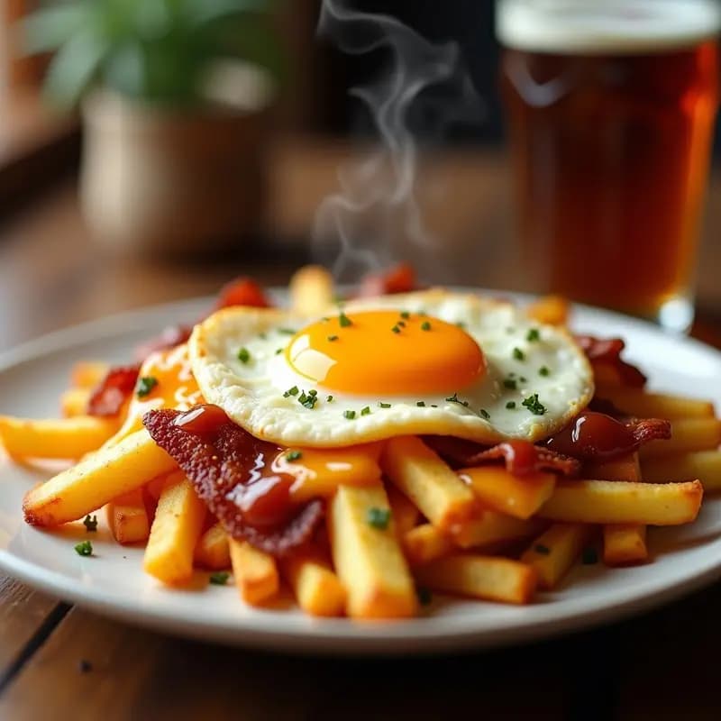 Plato hondo con papa a la francesa dorada y crujiente, cubierta de queso gratinado derretido, tocino ahumado en trozos y un huevo frito con yema líquida en el centro. Receta de desayuno contundente y lleno de sabor.