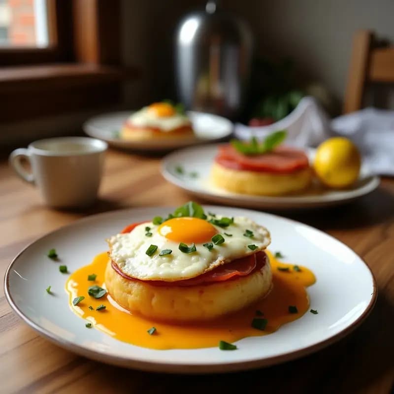 Plato hondo con papas a la francesa doradas y gratinadas con queso fundido, cubiertas de lonchas de jamón york, pan tostado y un huevo frito con yema líquida. Desayuno hipercalórico y reconfortante.