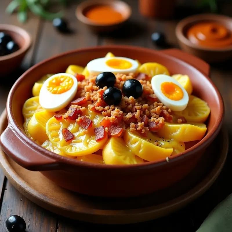 Plato hondo de barro rebosante de Papa a la Huancaína con extra queso fundido, tocino crujiente dorado y aceitunas negras, horneado hasta el punto perfecto. La salsa cremosa y picante cubre capas de patatas tiernas, con huevo duro en rodajas como decoración.