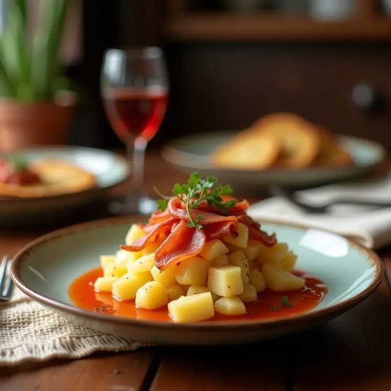 Plato hondo blanco con Papa a la Huancaína con Jamón Serrano y Aceitunas: patatas doradas cubiertas de salsa amarilla cremosa, taquitos de jamón serrano crujiente, aceitunas negras y rodajas de huevo duro.