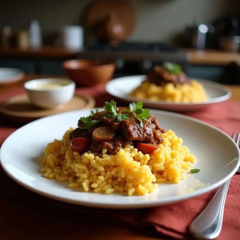 Plato hondo blanco lleno de arroz esponjoso, patatas doradas cubiertas de salsa huancaína cremosa, lomo saltado jugoso con cebolla y tomate, decorado con huevo duro y aceitunas. Receta peruana fusion papa a la huancaína con lomo saltado y arroz.