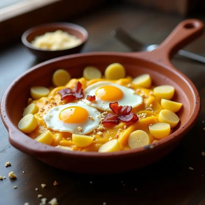 Plato hondo de barro con papa a la huancaína en capas: rodajas de patata dorada, salsa amarilla cremosa, queso fundido burbujeante y tocino crujiente. Acompañado de huevo frito con yema líquida y pan rallado tostado espolvoreado.
