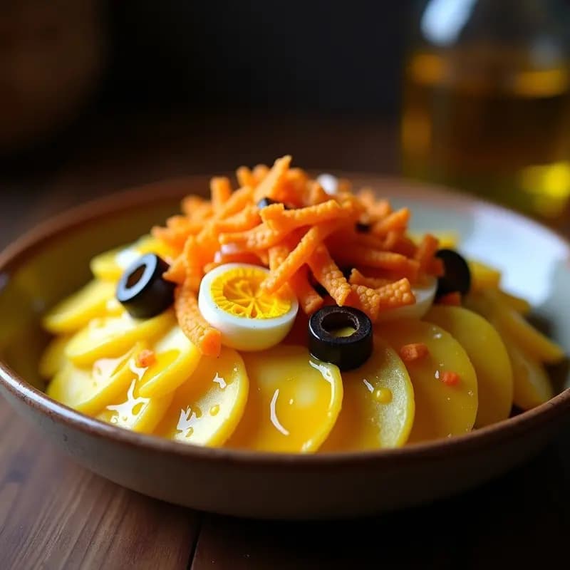 Plato hondo con Papa a la Huancaína cubierta de salsa cremosa amarilla, huevo duro en cuartos, aceitunas negras y topping crujiente de Doritos triturados. Receta peruana indulgente.