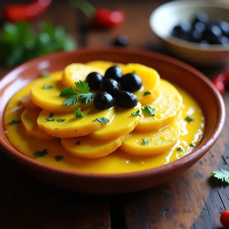 Plato tradicional peruano de Pattaque de Papa a la Huancaína Vegana con capas de rodajas de papa amarilla, salsa huancaína cremosa de queso de anacardos, aceitunas botija y perejil fresco, servido en fuente de barro rústica.