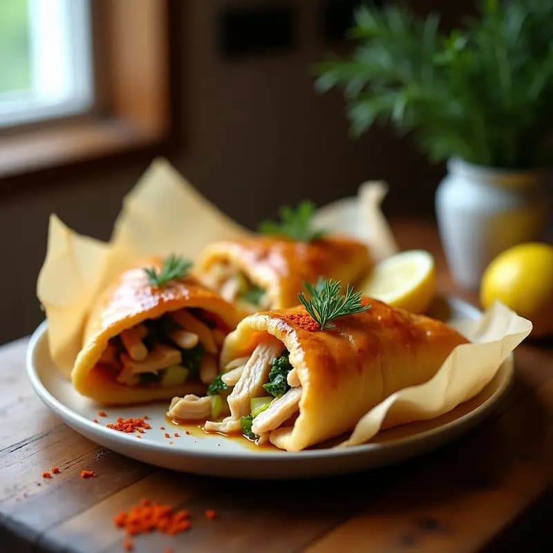 P háromszögű Lepény de pollo y puerros en papillote abierto, mostrando trozos de pollo dorado y puerros tiernos, con un toque de pimentón espolvoreado. Plato servido en papel de horno sobre una mesa rústica de madera con hierbas frescas de decoración.