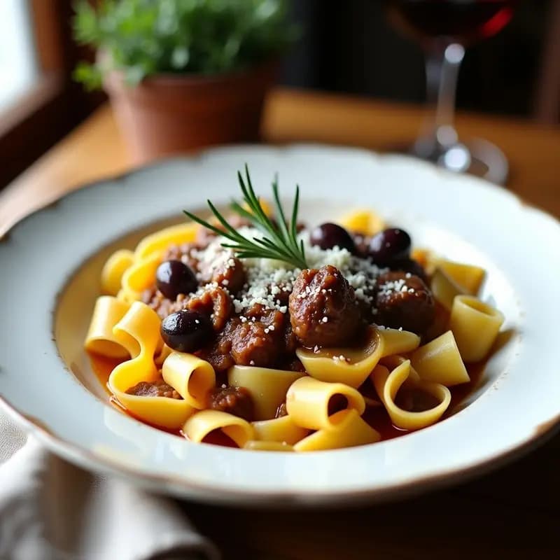 Plato hondo de cerámica blanca con pappardelle frescas cubiertas de un generoso ragú de cordero oscuro, aceitunas Kalamata enteras y trozos de verduras. Espolvoreado con queso Pecorino rallado y decorado con una rama de romero fresco. Fondo borroso con una copa de vino tinto y pan rústico.