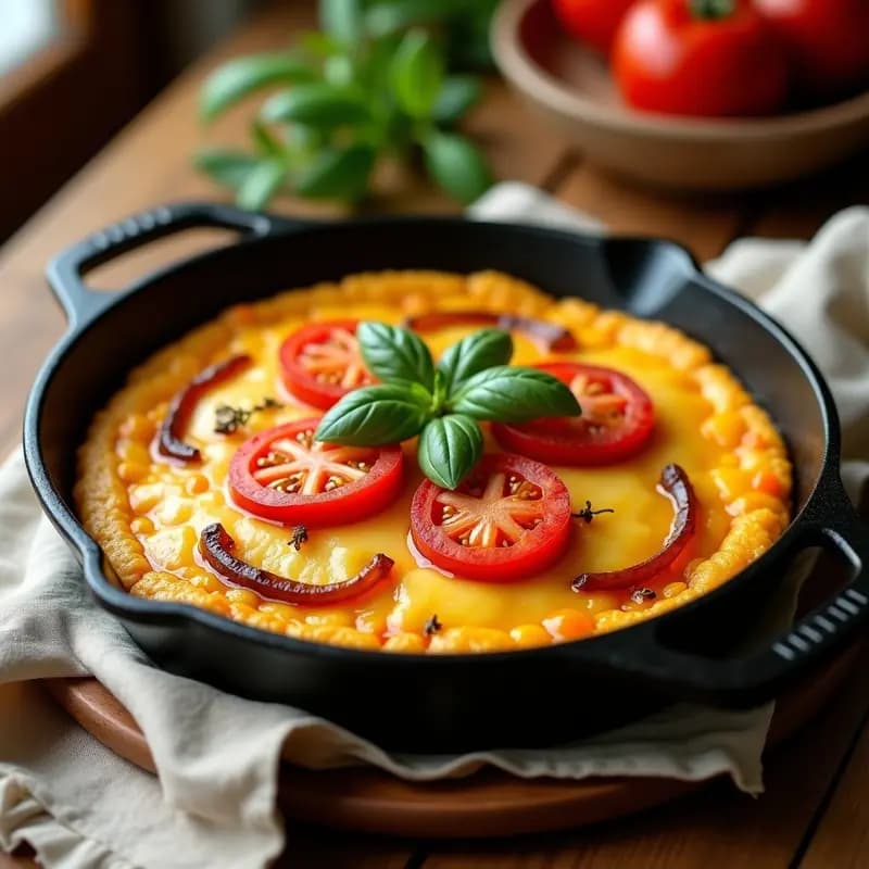 Pappear Pot sudafricano: pan de maíz dorado en sartén relleno de queso cheddar ahumado derretido y tomates cherry caramelizados, espolvoreado con perejil fresco.