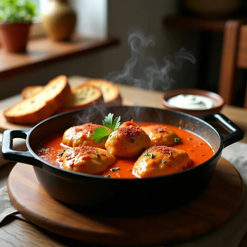 Olla de barro con paprika de pollo al estilo húngaro con nata agridulce, muslos dorados bañados en salsa cremosa de color ámbar, acompañados de pimientos asados y cebolla morada. Plato tradicional con toque rústico y reconfortante.