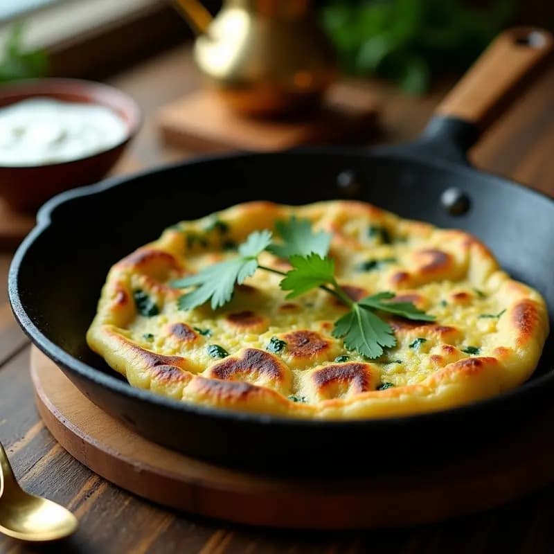 Paraathas de espinacas y queso paneer doradas y crujientes en una sartén de hierro, con relleno verde brillante asomando por los bordes sellados. Acompañadas de cilantro fresco y un cuenco de yogur natural.