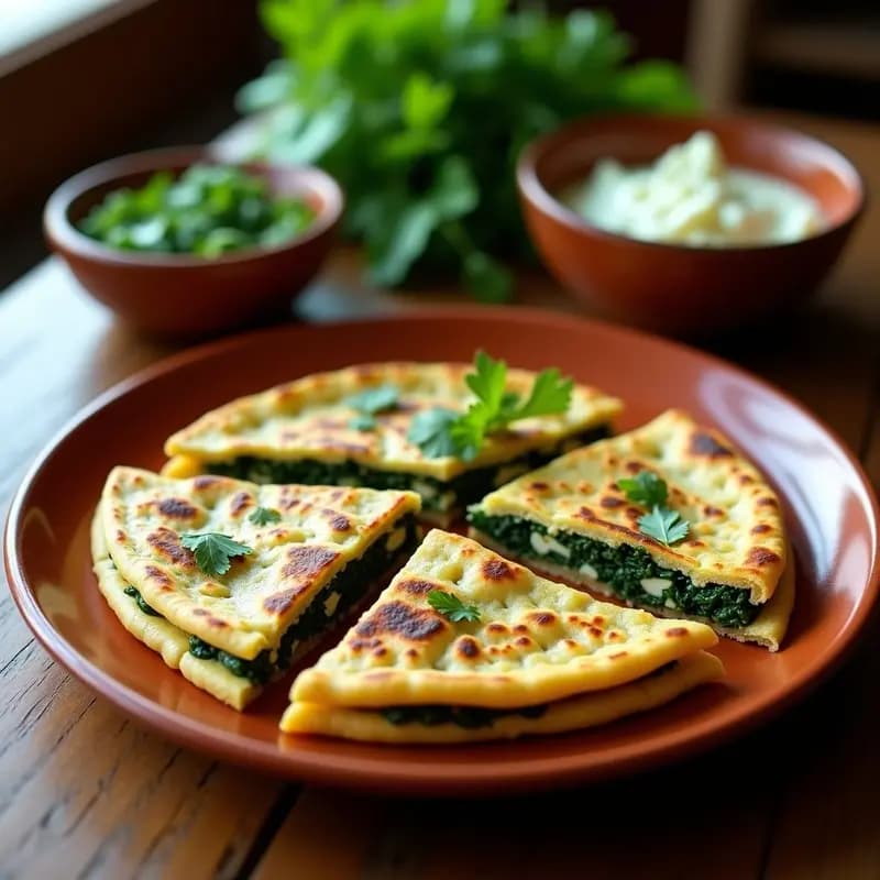 Paratha indio dorada y crujiente rellena de espinacas verdes y queso paneer blanco, servida en plato de barro con chutney de menta al lado, receta tradicional de plancha.