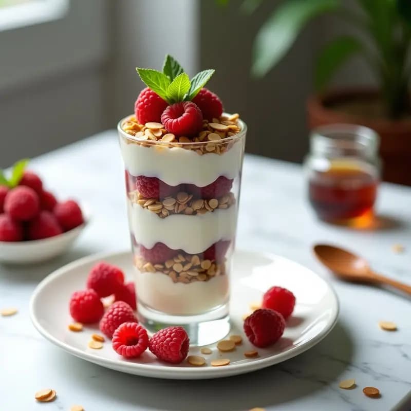 Copa de cristal transparente con capas de parfait: yogur griego cremoso, granola de avena dorada y almendras, decorado con frambuesas frescas, hojas de menta y un hilo de miel de trufa negra. Postre francés elegante y sofisticado.
