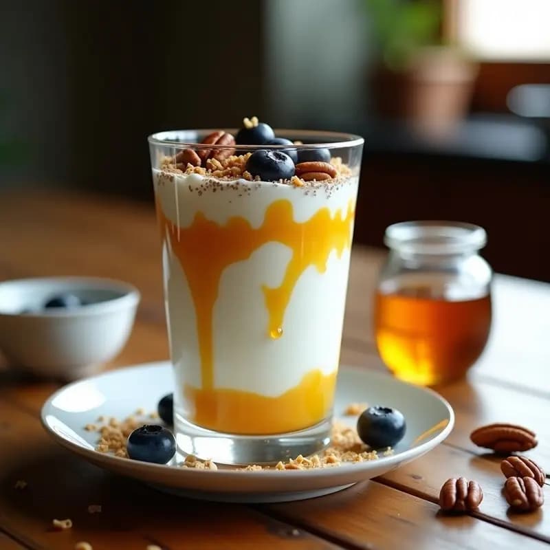 Vaso transparente con capas de parfait de yogur griego cremoso, miel dorada, nueces pecanas tostadas, semillas de chía, coco rallado y arándanos frescos. Desayuno proteico y energético listo en 5 minutos.