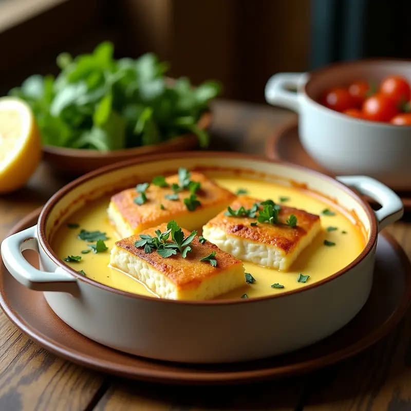 Fuente de horno con Parmentier de Merluza al estilo vasco: puré de patata dorado cubriendo filetes de merluza jugosa, espolvoreado con perejil fresco y servido en porción individual.