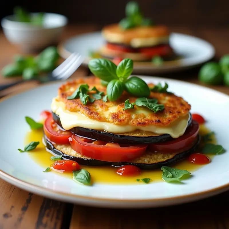 Parmesana de Berenjena y Tomate Seco con Vinagreta de Albahaca servida en plato blanco: capas doradas de berenjena asada, queso vegano cremoso y tomates secos, bañadas en vinagreta verde brillante de albahaca fresca.