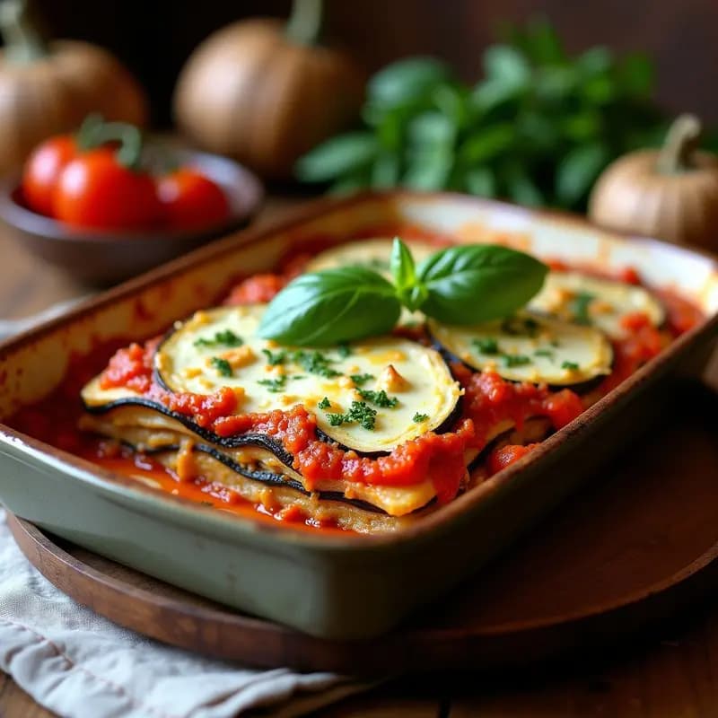 Parmesana de berenjena y tomates secos en bandeja de horno, con capas visibles de berenjena dorada, pesto rojo de tomates secos y topping crujiente de almendras tostadas, decorada con hojas de albahaca fresca.