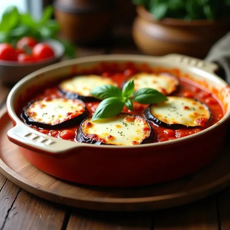 Parmigiana de berenjena con queso de búfala en fuente de barro, capas visibles de berenjena asada, salsa de tomate y queso fundido dorado, decorada con hojas de albahaca fresca.