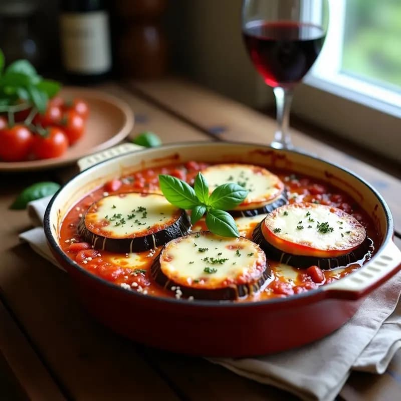 Parmigiana de berenjena y queso mozzarella gratinada en fuente de cerámica, con capas visibles de berenjena dorada, salsa de tomate casera, láminas de mozzarella fundida y queso parmesano tostado, servida en porción con hierbas frescas.