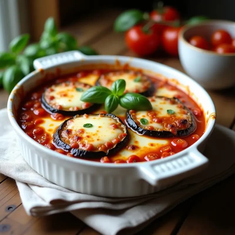 Parmigiana de berenjena vegana en fuente de barro, con capas visibles de berenjena dorada, tomates secos y queso de cashew gratinado. Decorada con hojas de albahaca fresca y aceite de oliva virgen extra. Plato italiano tradicional reinventado en versión vegana y sin gluten.