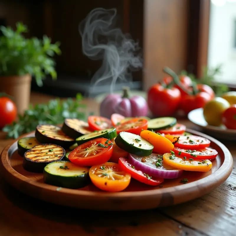 Parrillada de verduras asadas en Airfryer con marinada de hierbas provenzales: berenjena, calabacín, pimientos, cebolla y tomate dorados y brillantes, servidos en una fuente de madera rústica.