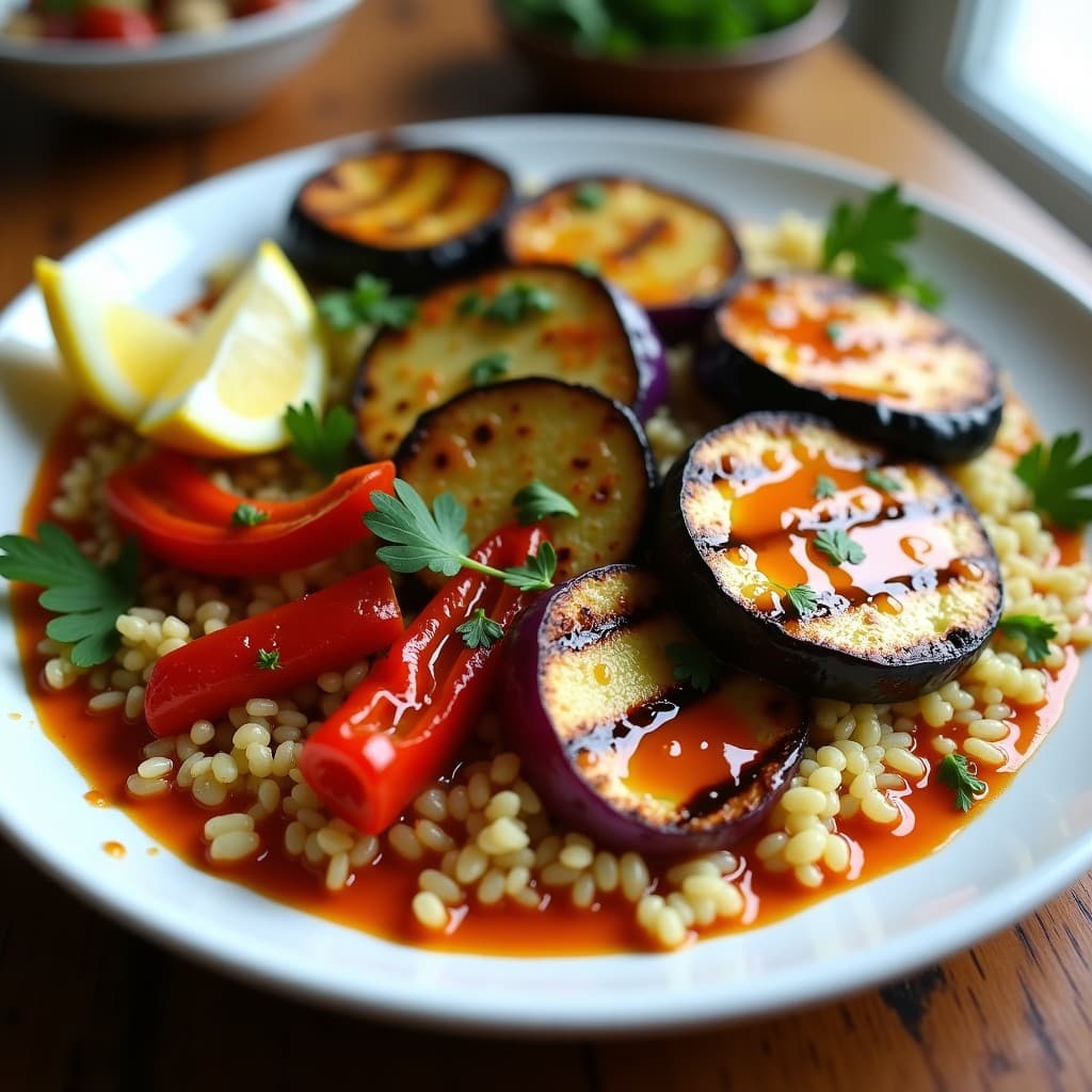 Parrillada de verduras asadas en airfryer con rodajas de berenjena, calabacín, pimiento rojo y cebolla morada sobre un lecho de quinoa dorada y crujiente. Bañada con salsa romesco cremosa y decorada con perejil fresco y gajos de limón. Plato vegano, colorido y apetitoso.