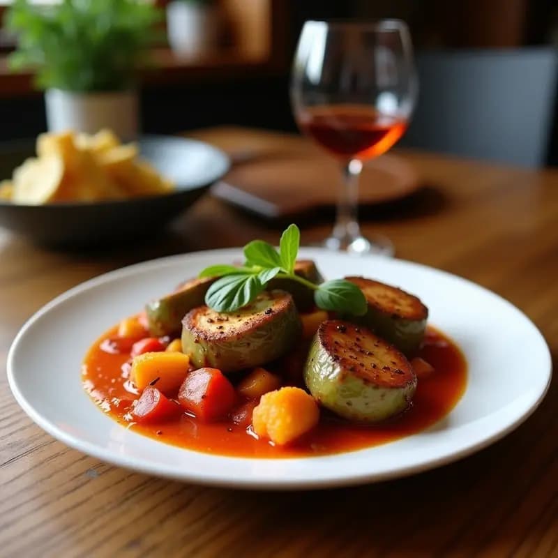 Bandeja de madera rústica con parrillada de verduras asadas (berenjena, calabacín, pimientos y tomates) doradas, acompañadas de un bol pequeño con salsa romesco espesa de color rojizo. Al fondo, hierbas frescas y aceite de oliva.