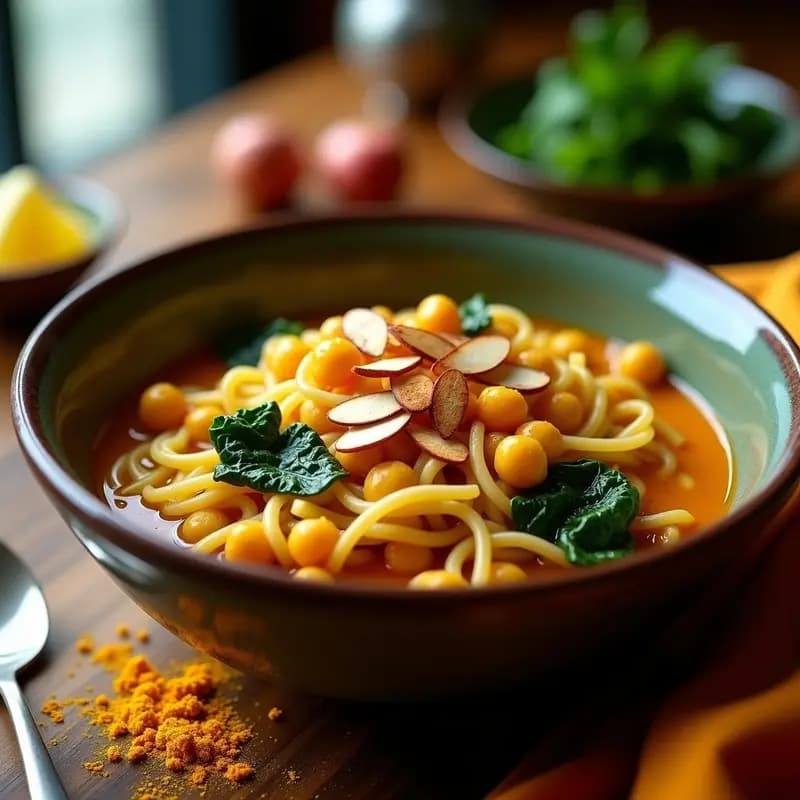 Plato hondo de cerámica con Pashta Afgana vegana: fideos gruesos dorados, garbanzos enteros y un caldo espeso de color ámbar por las especias. Decorado con cilantro fresco y rodajas de limón al lado.