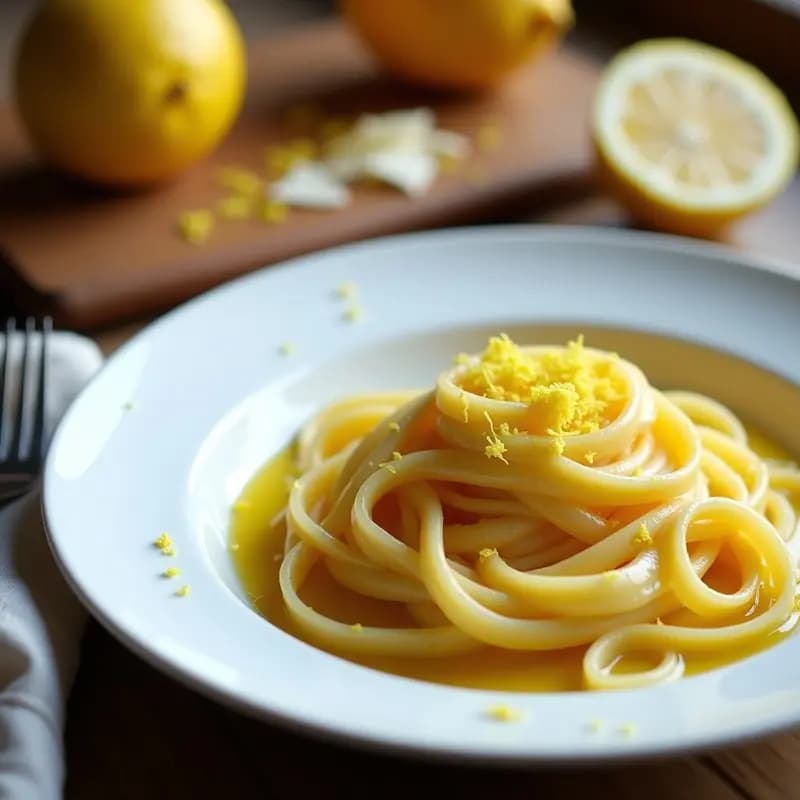 Plato blanco minimalista con pasta al limone de color dorado intenso, espolvoreada con ralladura de limón de catedral, almendras fileteadas tostadas y hojas de albahaca morada. Rodaja de limón y hebras de azafrán como decoración, fondo oscuro para resaltar colores.