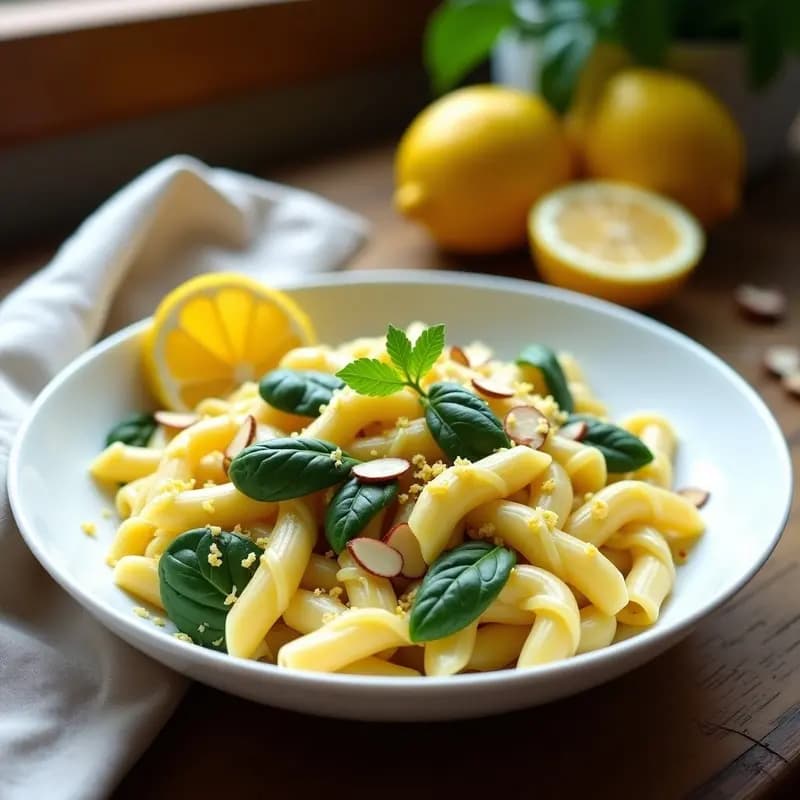 Plato hondo blanco con pasta fusilli integral bañada en una salsa cremosa de color amarillo pálido, decorada con ralladura de limón siciliano fresco, espinacas salteadas y almendras fileteadas tostadas. Al fondo, rodajas de limón y un paño de lino rústico.