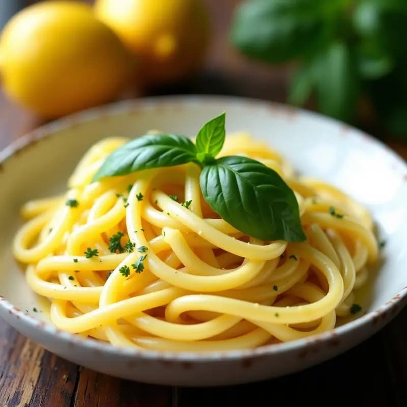 Plato hondo blanco con pasta al limone cremosa, bañada en salsa amarilla vibrante con ralladura de limón de Sorrento, decorada con hojas de albahaca fresca y perejil picado sobre fondo rústico de madera.