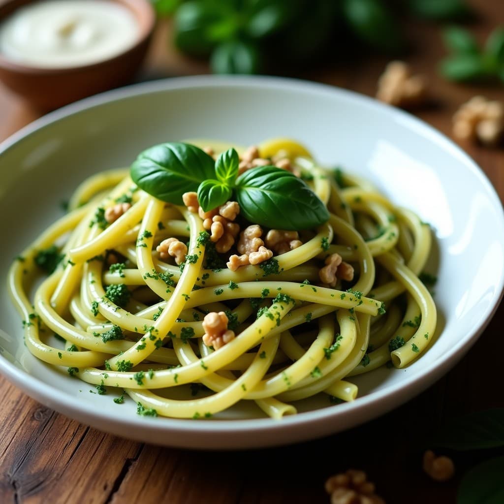 Plato blanco con pasta integral al dente cubierta de un vibrante pesto verde de espinacas y nueces, decorado con nueces picadas y hojas de albahaca fresca, receta vegana y alta en hierro.