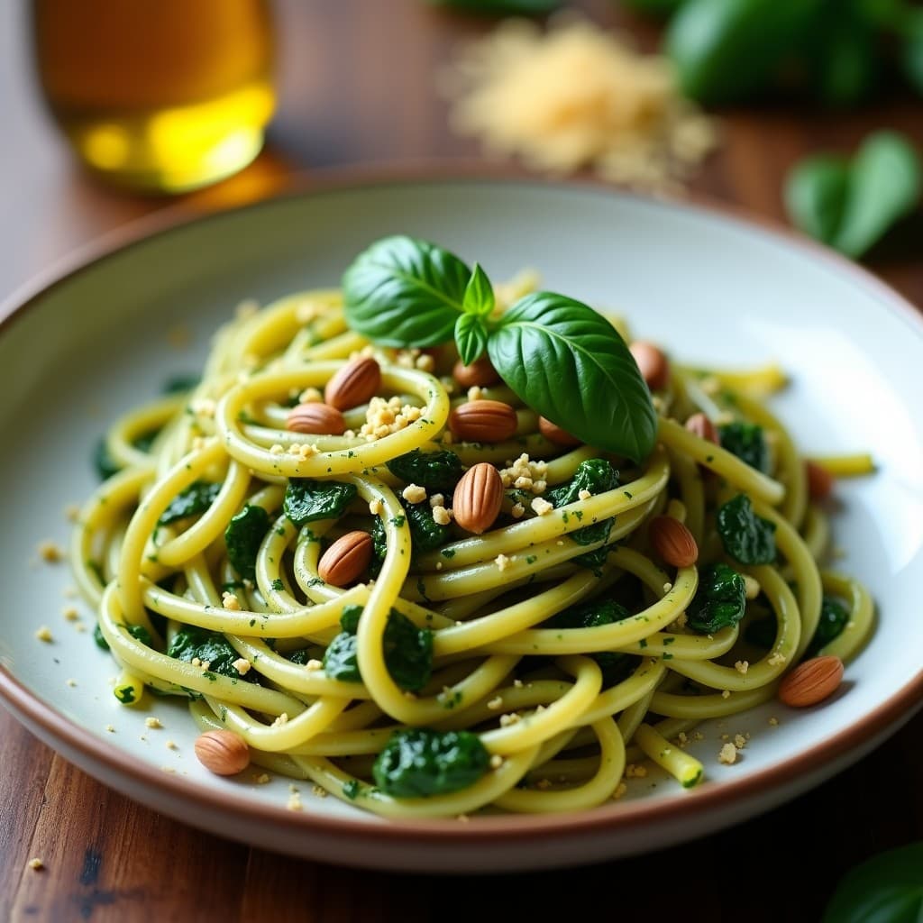 Plato blanco con pasta integral cubierta de pesto verde vibrante de espinacas y piñones, decorada con hojas de albahaca fresca y piñones tostados.