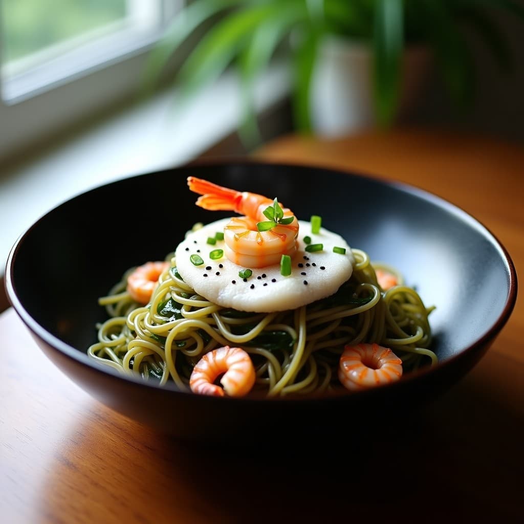 Plato hondo de porcelana negra con pasta de arroz integral salteada con algas wakame verdes, gambas rosadas y un aire de limón esponjoso en el centro. Decorado con semillas de sésamo negro y cebollino picado, receta japonesa gourmet.