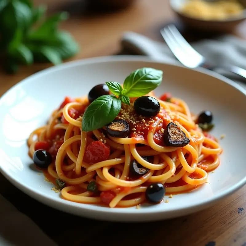 Plato hondo de cerámica blanca con Pasta alla Norma vegana: penne al dente cubiertos de salsa de tomate casera, trozos de berenjena ahumada dorada, albahaca fresca picada y almendras fileteadas tostadas. fondo rústico con mantel de lino y aceitera de vidrio.