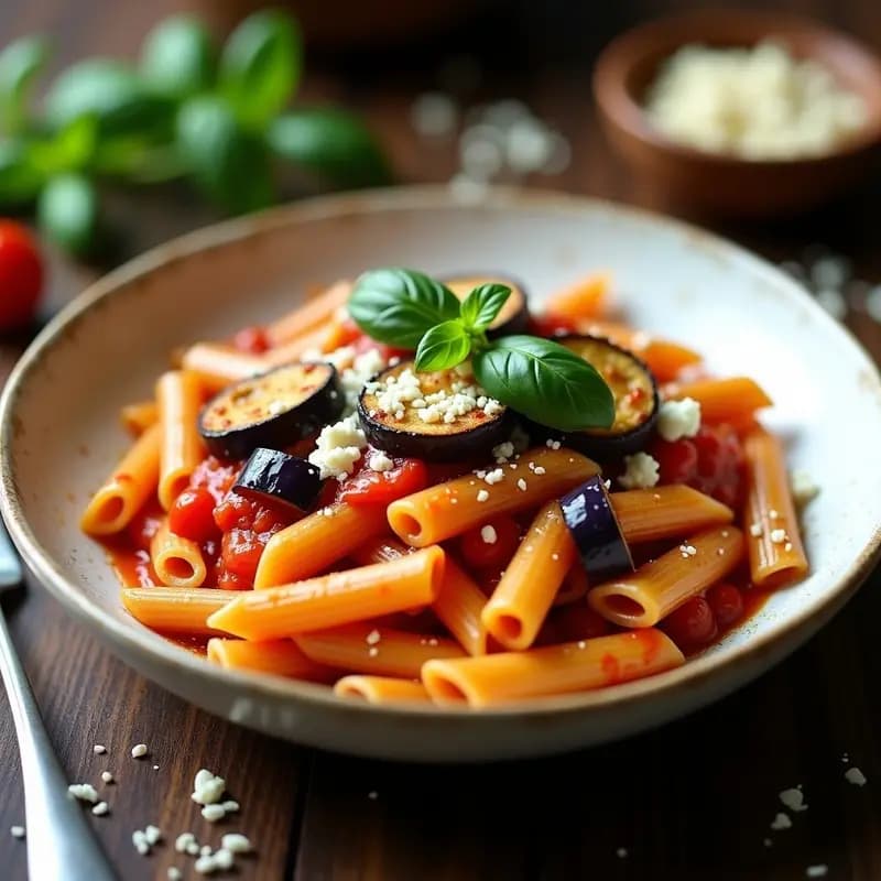 Plato hondo de cerámica blanca con pasta alla norma, berenjenas asadas doradas, salsa de tomate espesa y queso de anacardos desmenuzado, decorado con hojas de albahaca fresca y un hilo de aceite de oliva virgen extra.