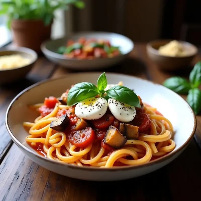 Plato hondo de cerámica blanca con Pasta alla Norma vegana: rigatoni cubiertos de salsa de tomate espesa, trozos dorados de berenjena asada y una generosa cucharada de ricotta de anacardos cremosa en el centro. Decorado con hojas de albahaca fresca y un hilo de aceite de oliva virgen extra.