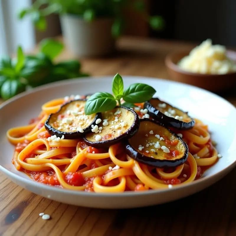 Plato hondo de cerámica blanca con Pasta alla Norma vegana: espirales de pasta integral cubiertas de salsa de berenjenas ahumadas en cubos dorados, tomates cherry asados y queso de almendras cremoso. Decorado con chips de almendras tostadas y hojas de albahaca fresca sobre fondo rústico de madera.