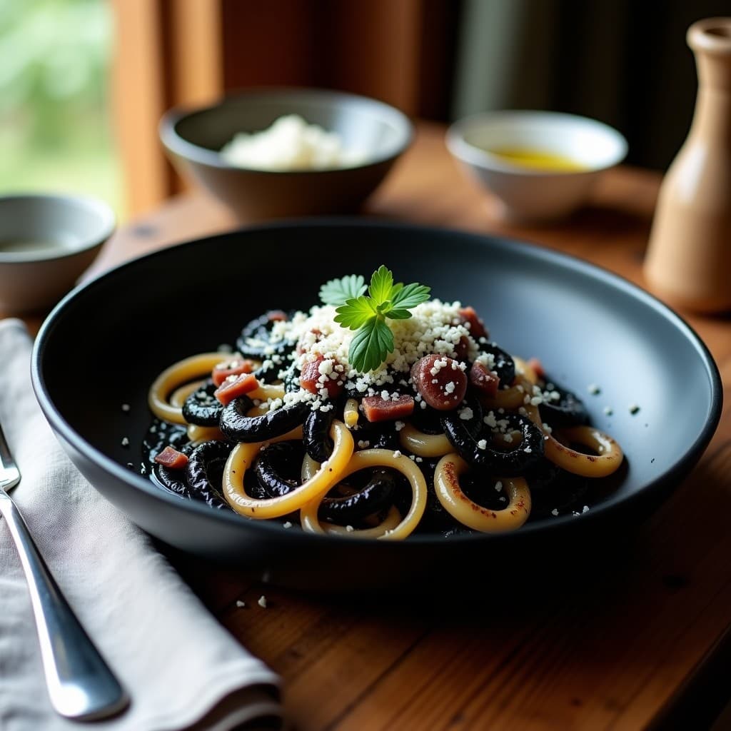 Plato hondo negro con pasta black carbonara de calamar, espolvoreada con queso Pecorino rallado y perejil fresco. La pasta tiene un color intenso negro azabache, mezclada con anillos de calamar y trozos de panceta dorada. Fondo rústico con servilleta de lino y cubiertos de acero.