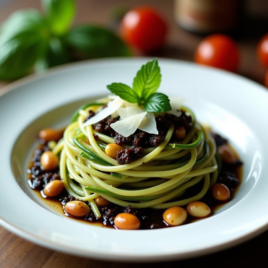 Plato blanco con pasta de calabacín en tiras verdes, bañada en salsa oscura de ajo negro, decorada con piñones dorados, hojas de albahaca fresca y virutas de parmesano, sobre fondo rústico de madera.